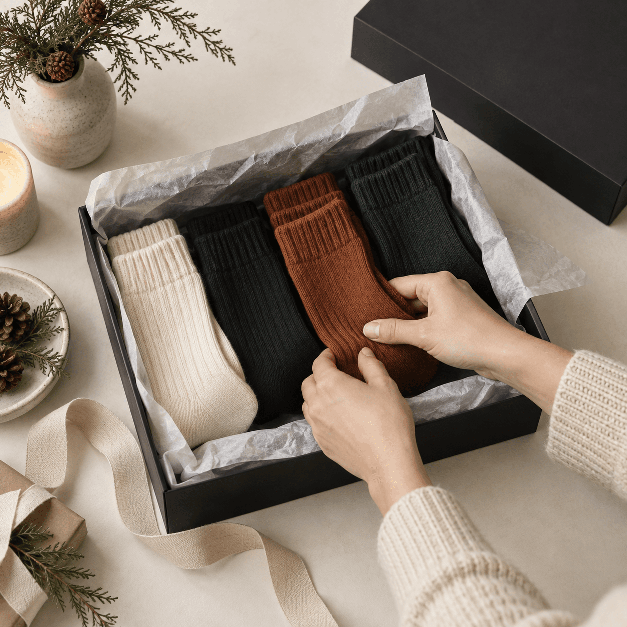 Hände stellen eine Geschenkbox mit markenfreien Socken zusammen – KI-Bild